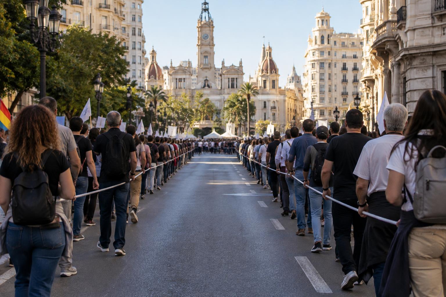Plano amplio de una marcha ciudadana por una calle del centro histórico de Valencia, con asistentes de espaldas y sin rostros reconocibles, un amplio espacio vacío delimitado por una cuerda en el centro del cortejo y edificios de la plaza del Ayuntamiento al fondo.