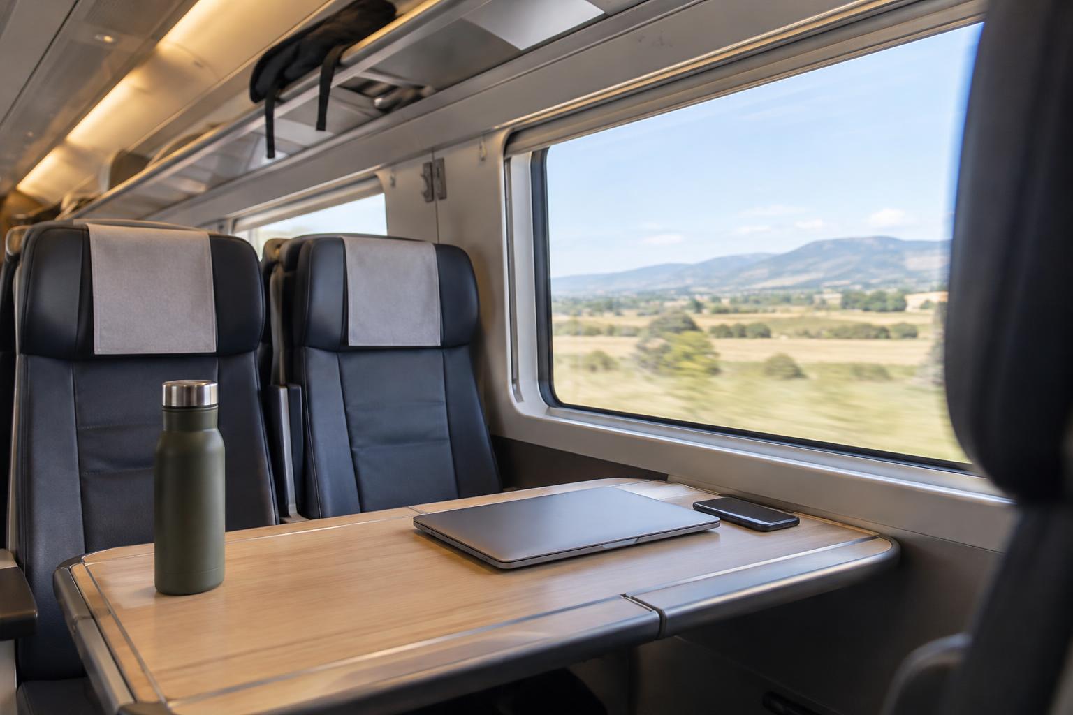 Interior realista de un vagón de tren de alta velocidad en España, con asientos, una mochila en el portaequipajes y un ordenador cerrado sobre una mesa, luz natural entrando por la ventanilla y sin personas reconocibles.