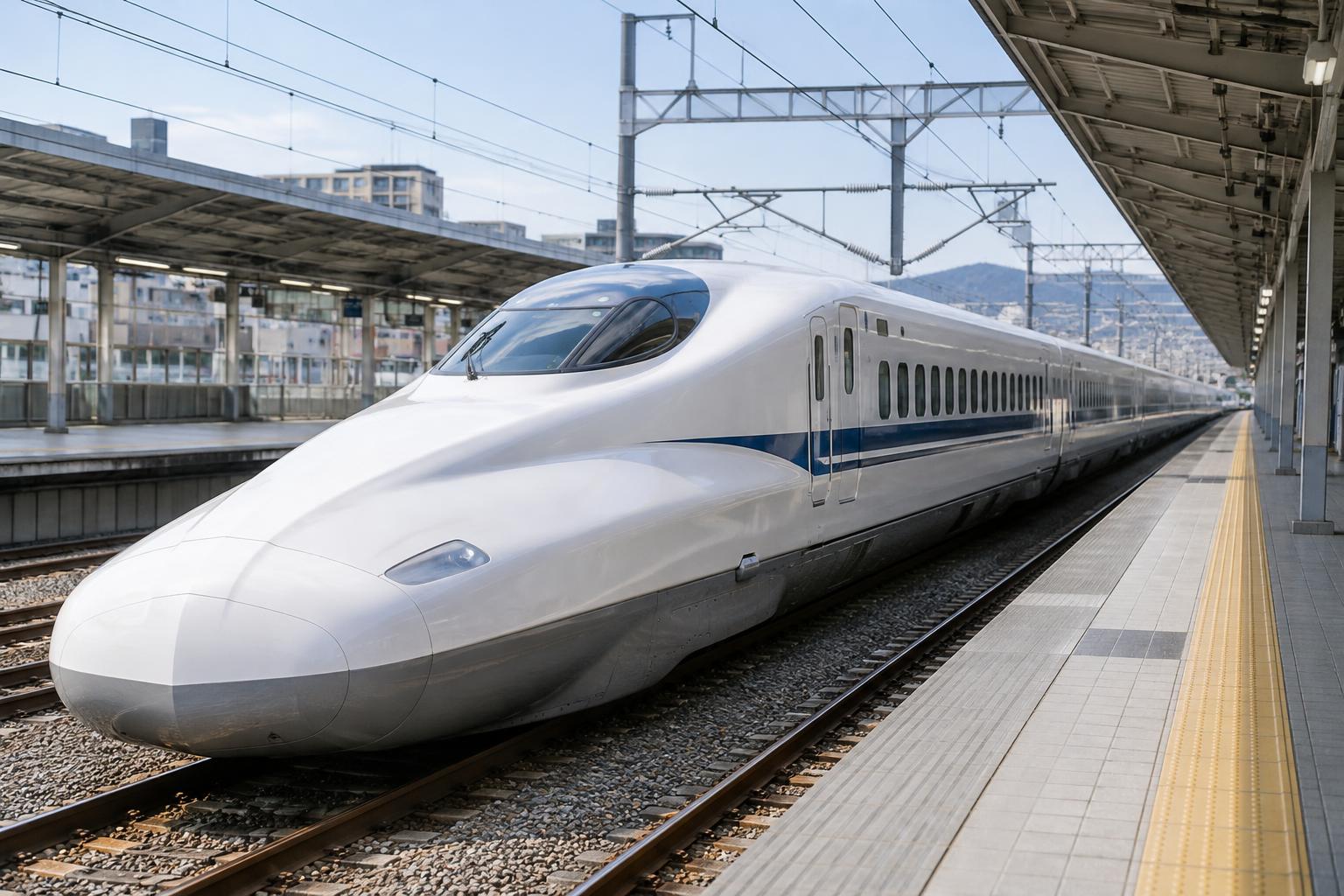 Un tren de alta velocidad japonés blanco y azul junto al andén de una estación, con vías y catenarias visibles y sin personas reconocibles, en una escena diurna realista.