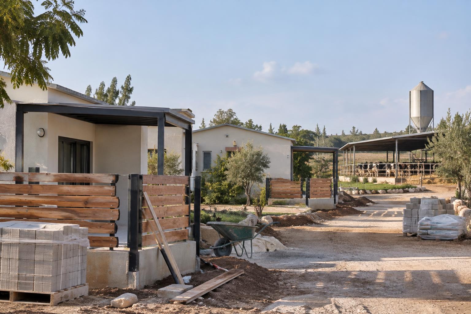 Obras de reconstrucción en un kibutz del sur de Israel, con viviendas bajas, vallas en reparación, materiales de construcción y una explotación ganadera al fondo, sin personas reconocibles.