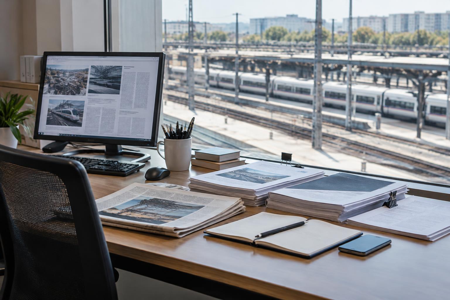 Mesa de una oficina de gestión ferroviaria con un ordenador que muestra un dosier de prensa, documentos de contratación y periódicos, junto a una ventana desde la que se ven vías y andenes; sin personas reconocibles.