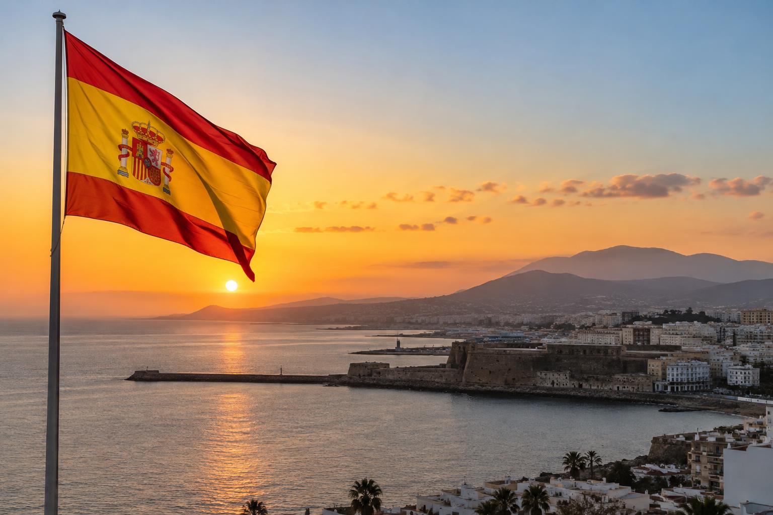 Fotografía realista del litoral de Ceuta al amanecer, con una bandera española en primer plano y los edificios de la ciudad junto al mar al fondo; luz natural, encuadre sobrio, sin texto visible ni personas reconocibles.