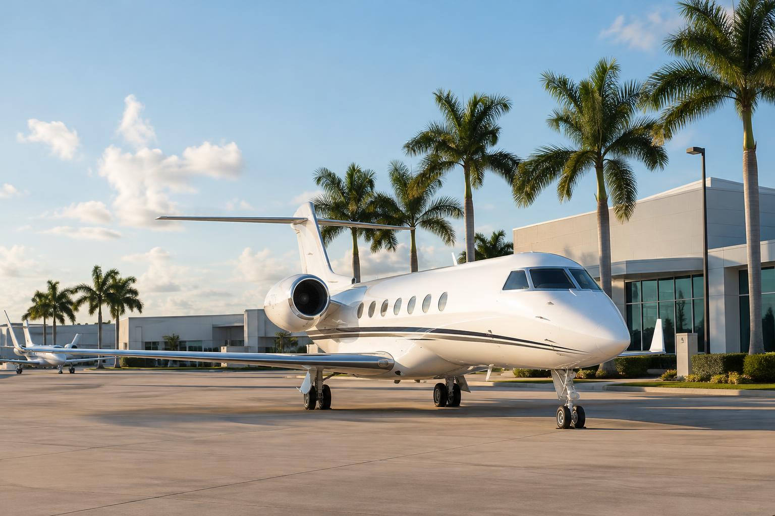 Vista realista de una terminal de aviación privada en Miami, con un avión ejecutivo estacionado, palmeras y edificios aeroportuarios al fondo, sin personas reconocibles.