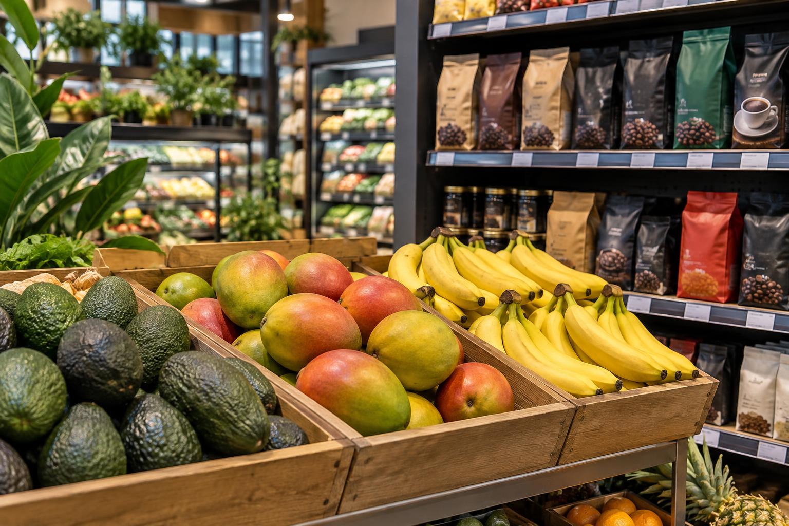Sección de frutas y café de un supermercado europeo, con aguacates, mangos, plátanos y paquetes de café en estanterías, iluminación cotidiana y sin personas reconocibles.