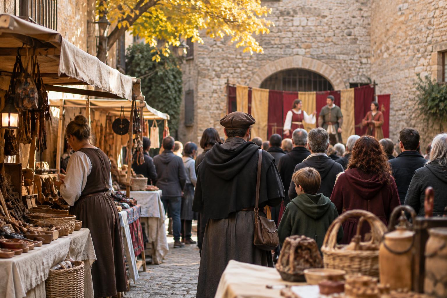 Calle de piedra de un pequeño municipio catalán, con puestos de artesanía y una representación teatral de época al fondo, público visto de espaldas y luz de una tarde de otoño, sin personas reconocibles.
