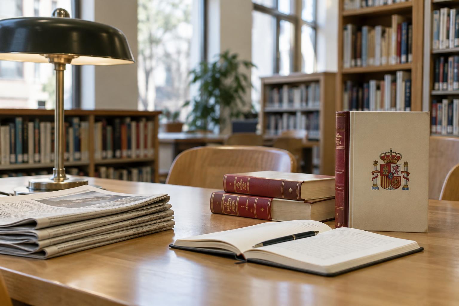 Interior de una biblioteca pública española, con una mesa de lectura, periódicos doblados y ejemplares de la Constitución junto a un cuaderno abierto, luz natural y sin personas reconocibles.