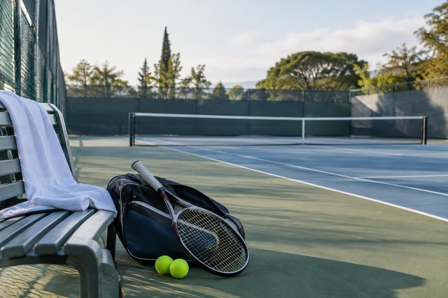 Una pista de tenis vacía vista desde el banco del entrenador, con una bolsa de raquetas y pelotas junto a la silla, bajo luz natural.