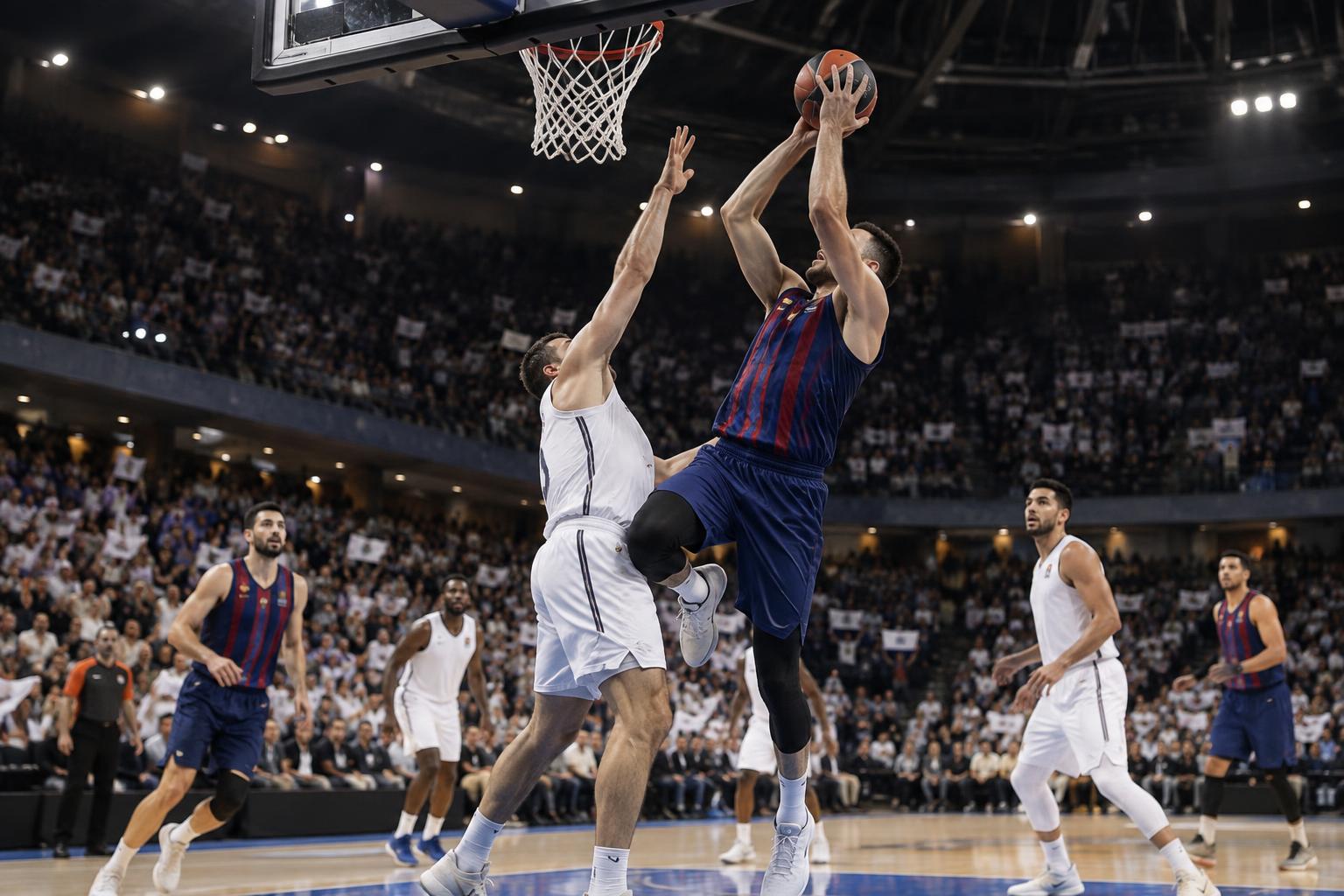 Interior de un pabellón de baloncesto durante un encuentro europeo, con la canasta y la zona de la pintura en primer plano, jugadores sin rasgos identificables con equipaciones blancas y azulgranas y algunos pañuelos blancos visibles en las gradas.