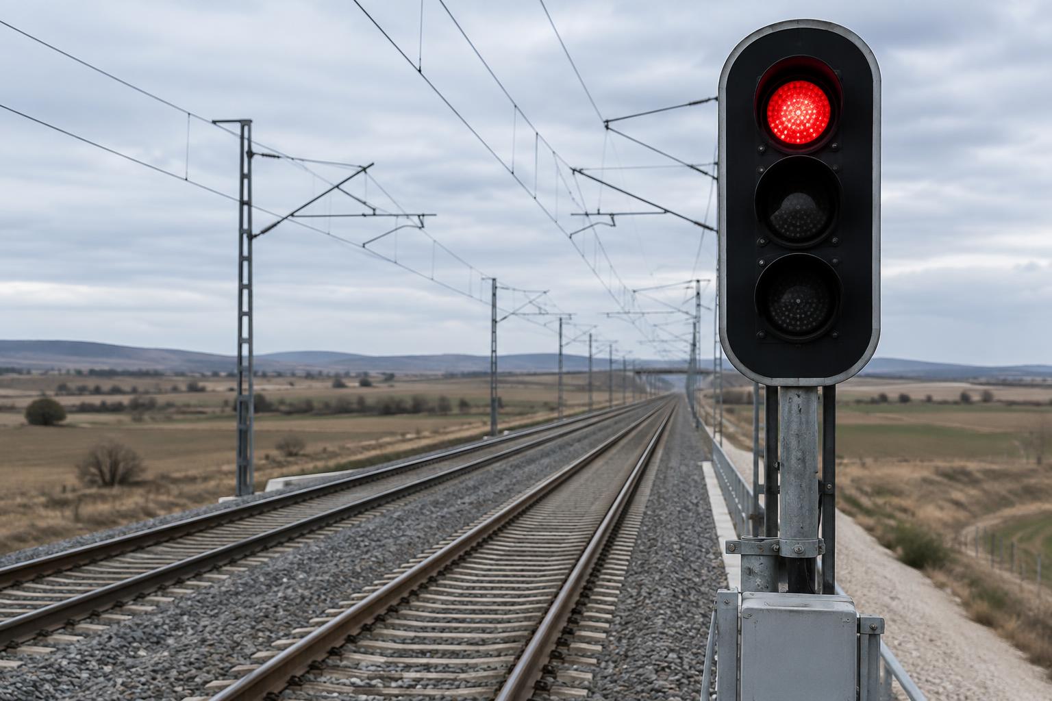 Fotografía editorial realista de una señal ferroviaria encendida en rojo, situada en primer plano en el tercio derecho del encuadre. Dos vías de alta velocidad vacías convergen hacia el horizonte de una llanura castellana, bajo la geometría de las catenarias. Perspectiva tomada desde el lateral de la infraestructura, profundidad de campo amplia, luz fría de una mañana cubierta y colores sobrios. Sin personas, trenes accidentados, texto, numeración visible, emblemas ni logotipos.