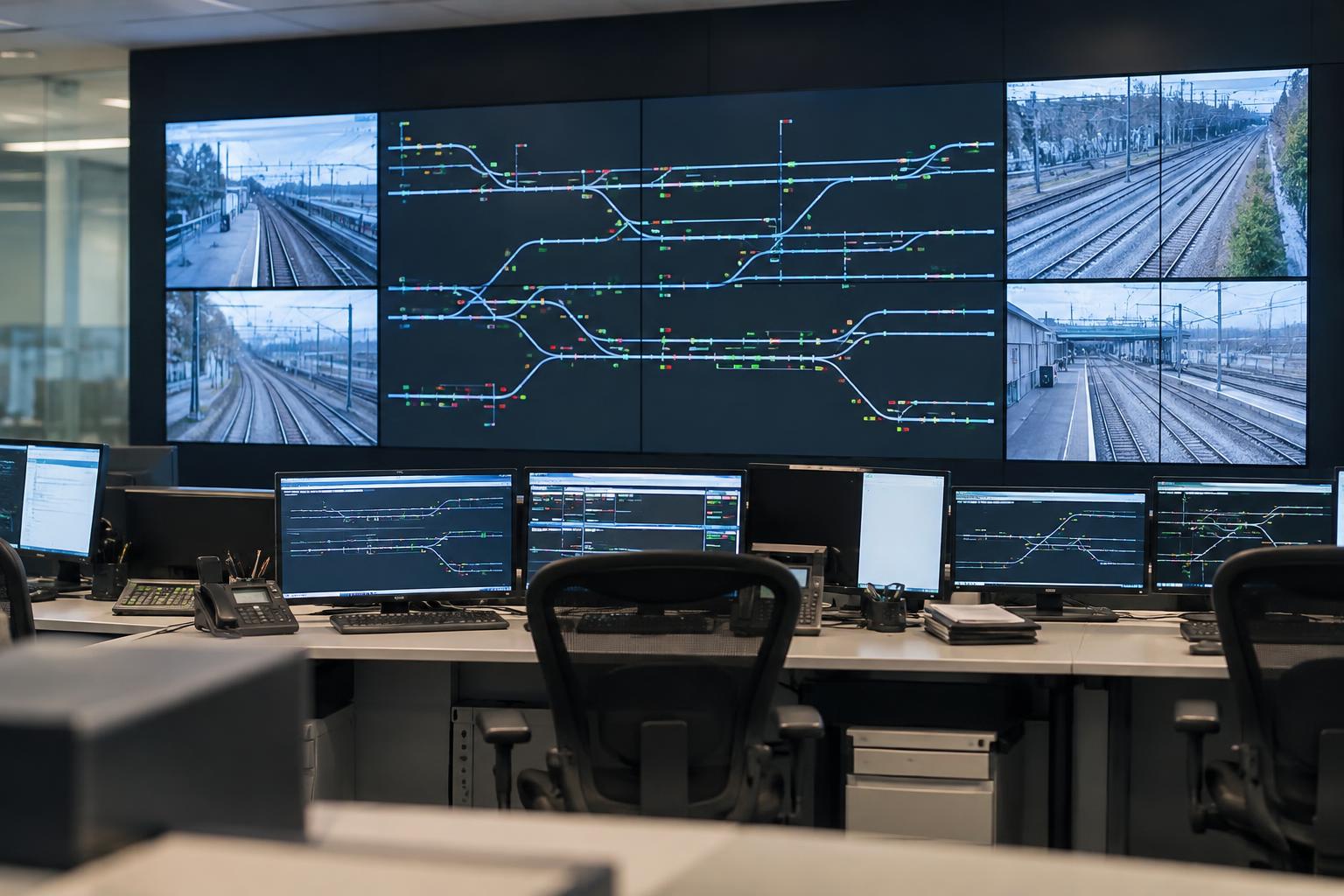 Interior de un centro de control ferroviario, con paneles de seguimiento de vías y puestos de trabajo sin personas reconocibles, iluminación sobria y aspecto documental.