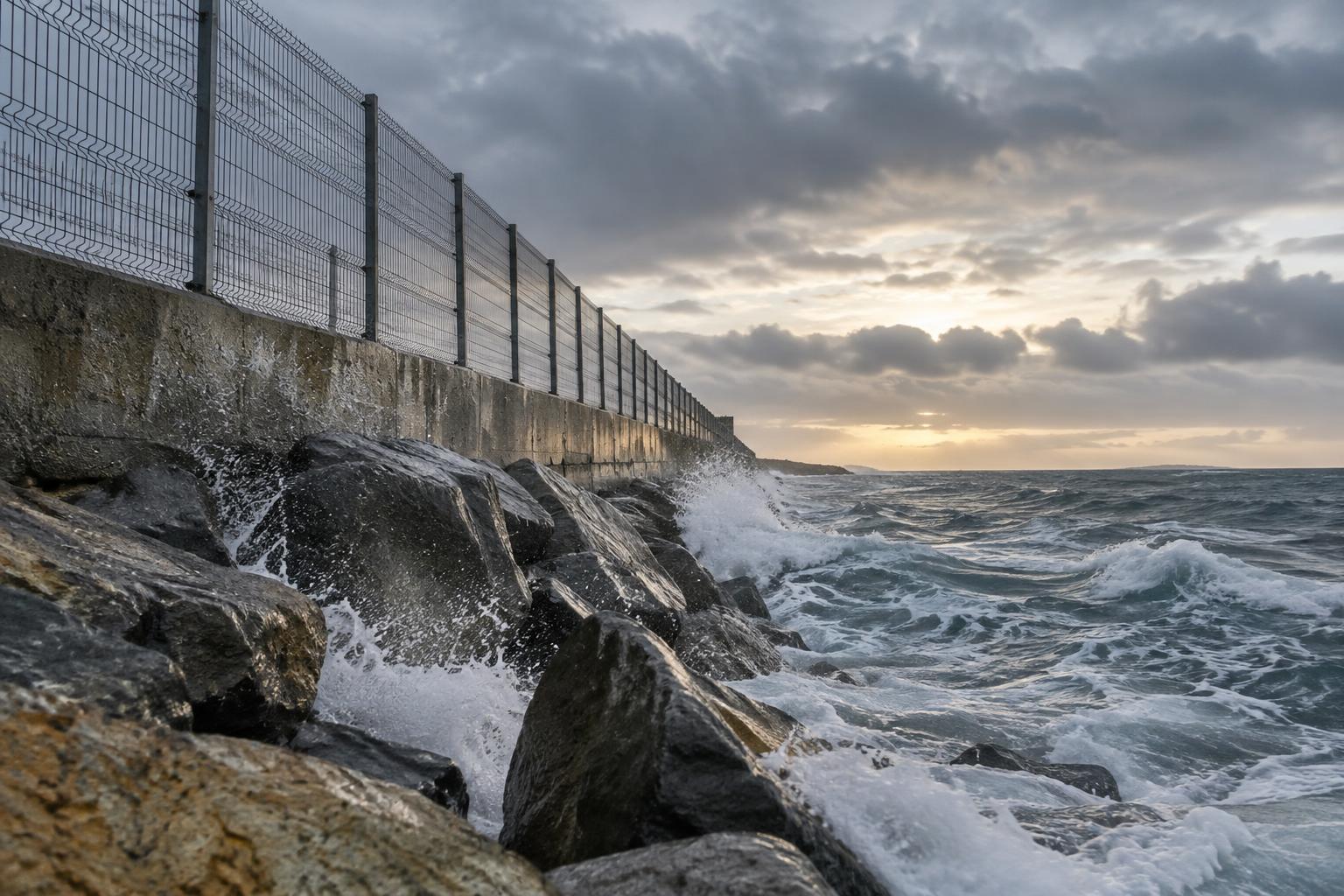 Fotografía editorial realista de un vallado costero junto a una escollera, visto desde un ángulo bajo a ras de las rocas. Las olas golpean el hormigón en primer plano y la malla metálica traza una diagonal hacia el horizonte marítimo. Luz fría de amanecer, cielo cubierto, textura húmeda del acero y la piedra, atmósfera sobria. Sin personas, texto, números, emblemas ni logotipos.
