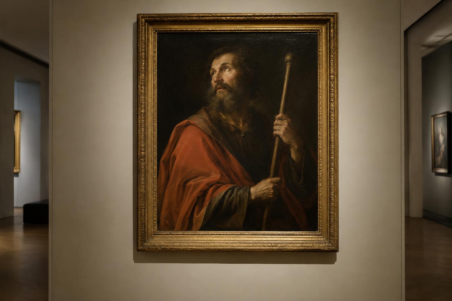 Interior de una sala de exposición de arte antiguo en París, con un óleo tenebrista de un apóstol de medio cuerpo que sostiene un bastón, enmarcado sobre una pared neutra e iluminado con luz de museo, sin personas.