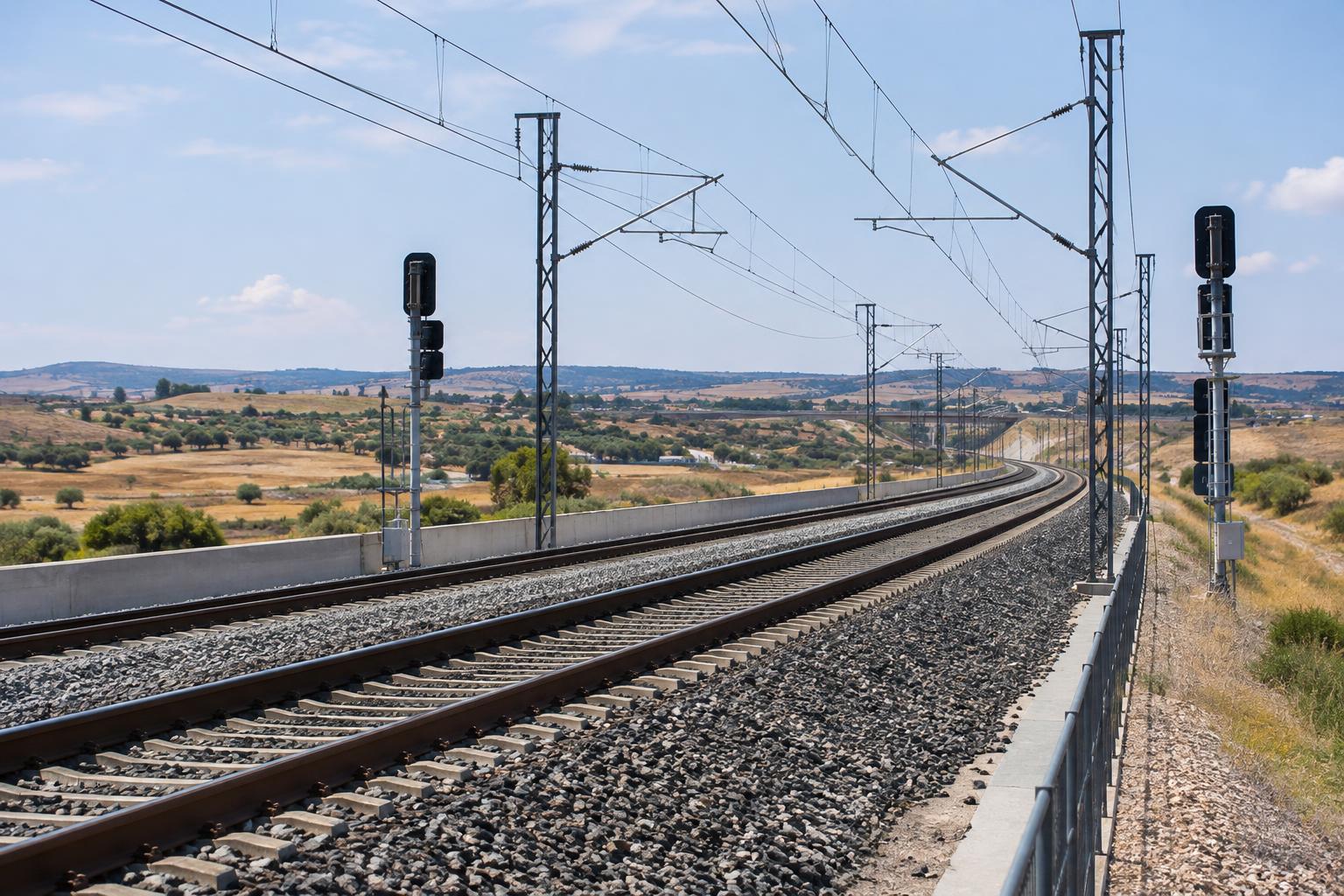 Vista realista de un corredor ferroviario de alta velocidad en un paisaje rural de Toledo, con vías, catenarias y señalización técnica, sin trenes accidentados ni personas reconocibles.