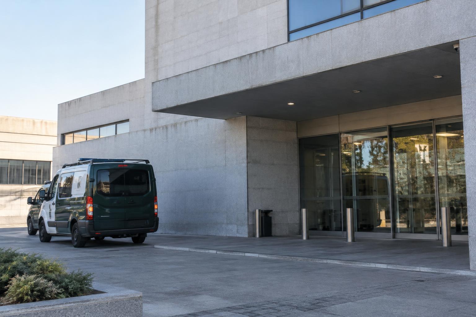 Exterior sobrio de un edificio de medicina legal en España, con acceso de vehículos oficiales y una furgoneta de la Guardia Civil estacionada, luz de primera hora y sin personas reconocibles.