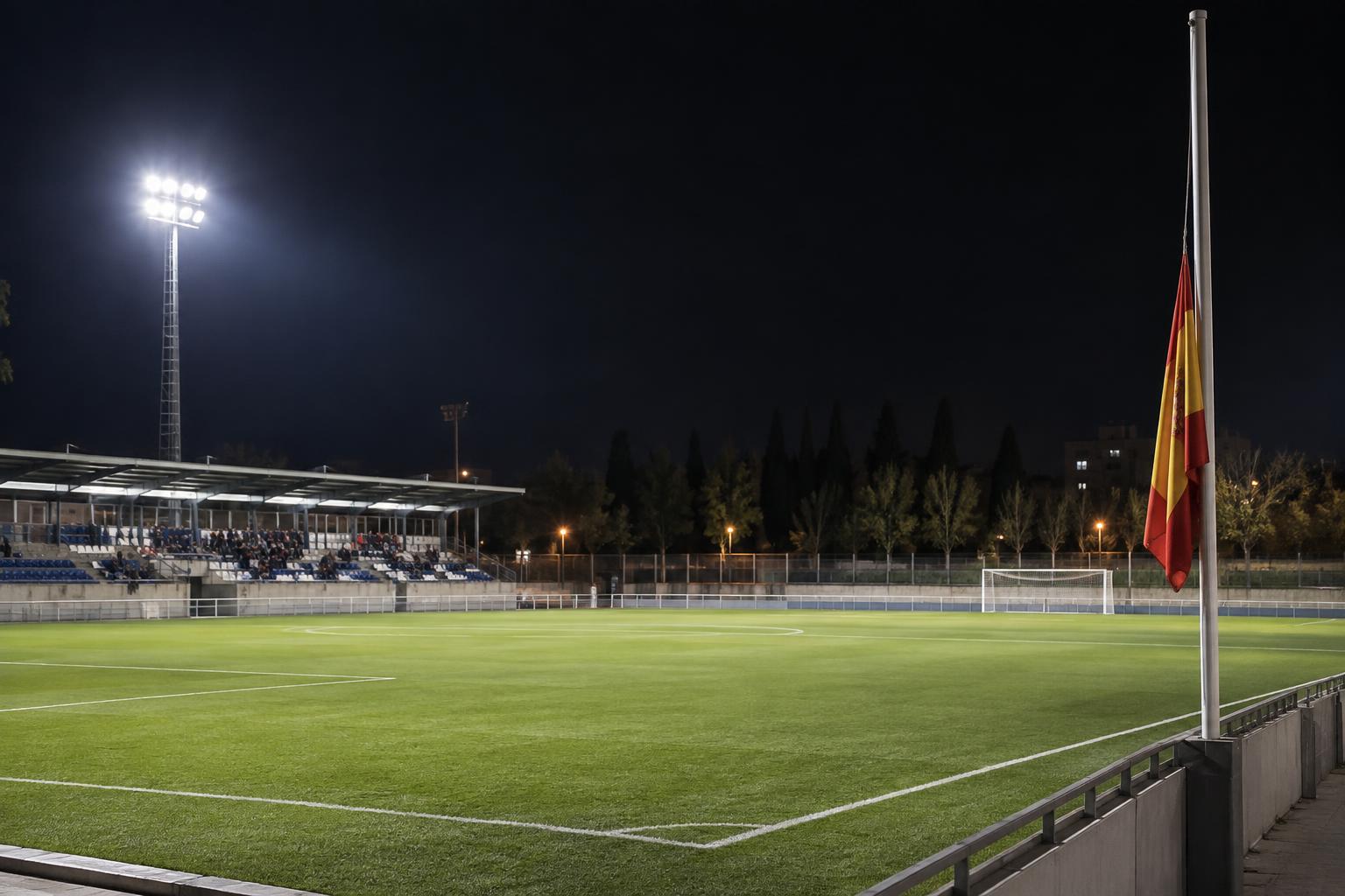 Vista nocturna de un campo municipal de fútbol en Alcalá de Henares, con el césped iluminado, gradas modestas parcialmente ocupadas y una bandera a media asta, sin personas reconocibles.