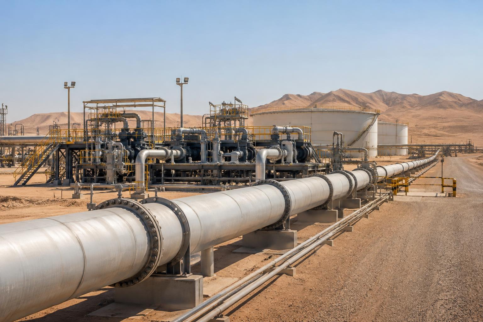 Vista realista de un oleoducto y una estación de bombeo en un paisaje desértico saudí, con grandes tuberías, depósitos industriales y caminos de mantenimiento, sin personas ni señales de daños.