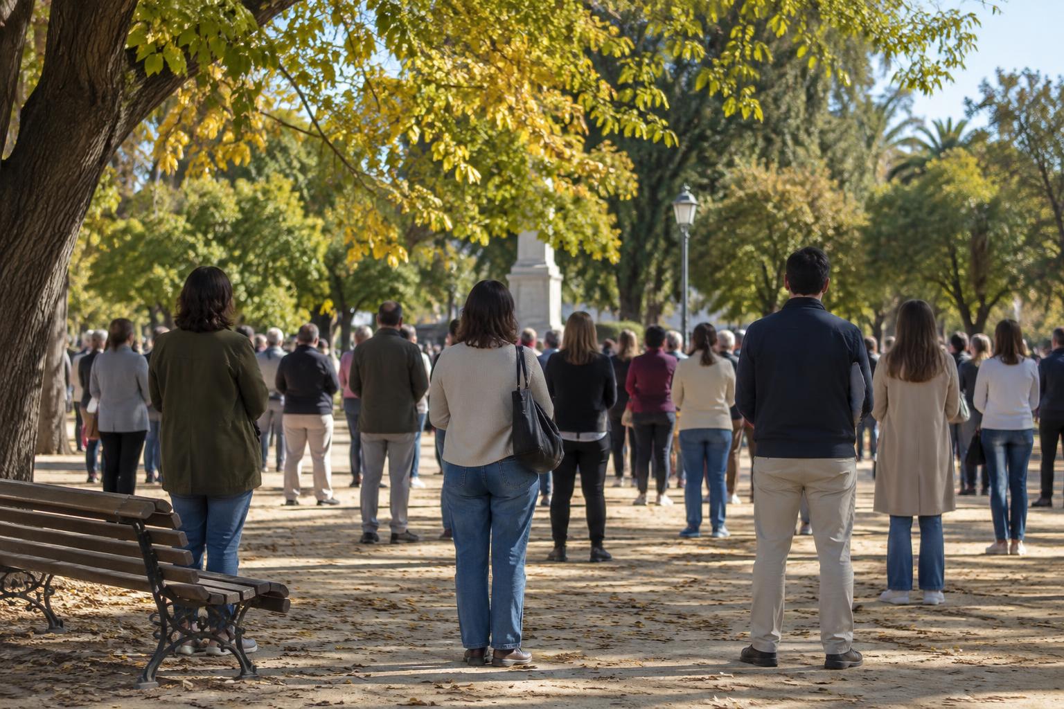 Concentración silenciosa en un parque de un municipio sevillano, con vecinos fotografiados de espaldas y a distancia, sin rostros reconocibles, bajo la luz de una mañana de otoño.