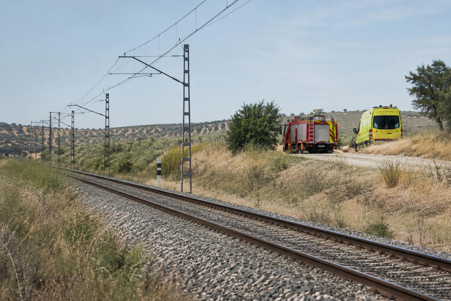 Vías ferroviarias en un paisaje rural de Toledo, con vehículos de emergencias estacionados junto a un acceso de servicio, sin personas reconocibles ni víctimas visibles.