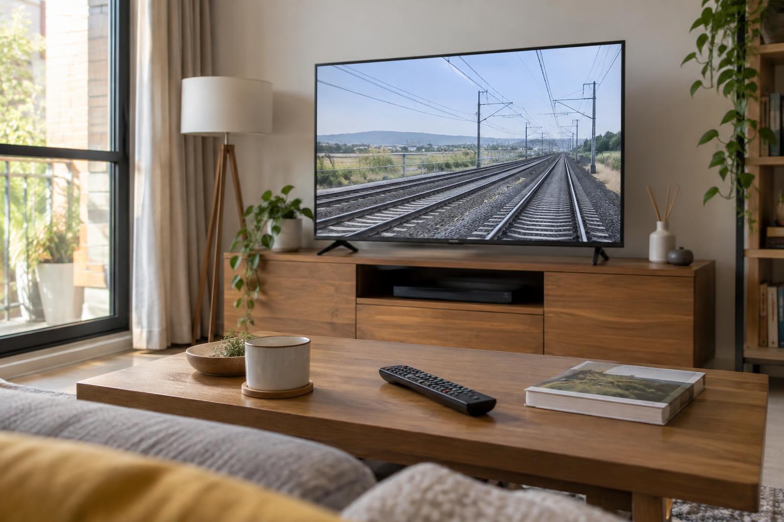 Interior de una sala de estar española con un televisor que muestra una imagen genérica de vías ferroviarias, un mando sobre la mesa y luz natural, sin personas ni logotipos reconocibles