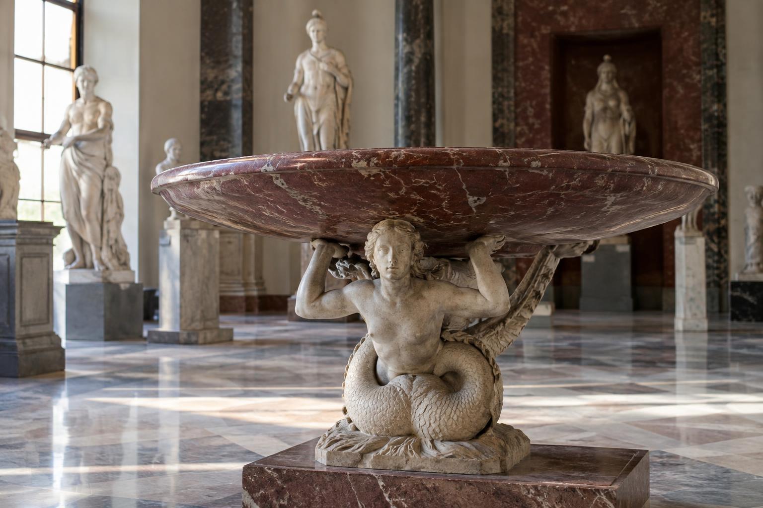 Interior de una sala de museo arqueológico napolitano, con una pileta de mármol rojo sostenida por una figura de sirena de cola enroscada, esculturas clásicas al fondo y luz natural lateral, sin visitantes reconocibles.