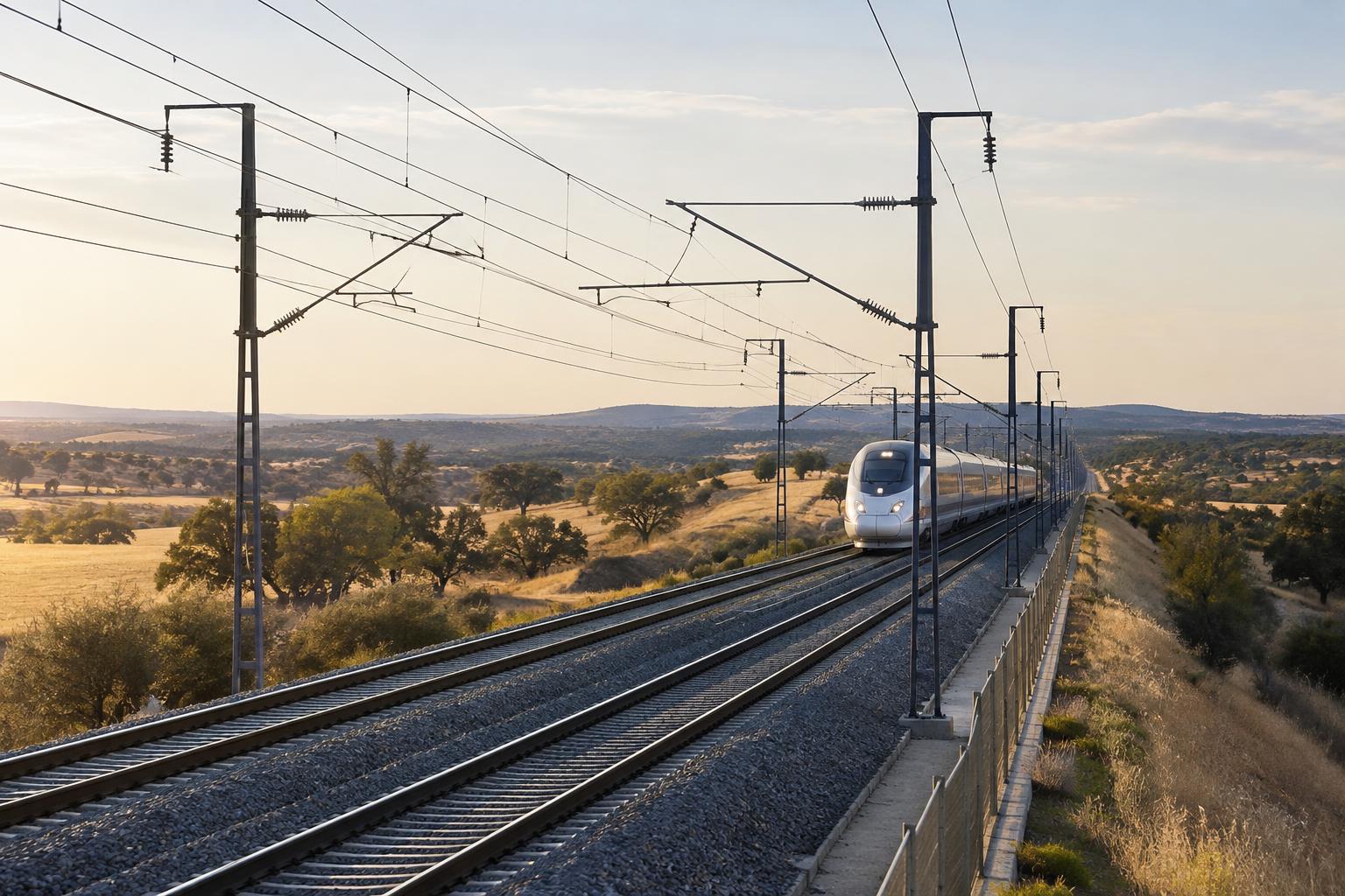 Vista realista de una línea ferroviaria de alta velocidad con dos vías y sus cables de catenaria en el entorno rural del sur de Madrid, con un tren al fondo y sin personas identificables.