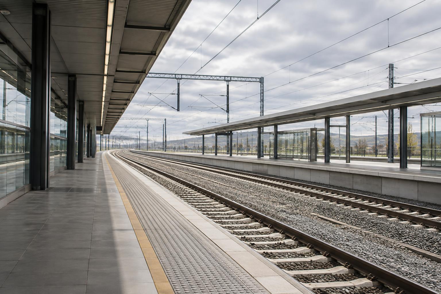 Vista sobria de una estación ferroviaria, con un andén vacío y vías de alta velocidad bajo un cielo nublado, sin personas reconocibles ni elementos que simulen el accidente.