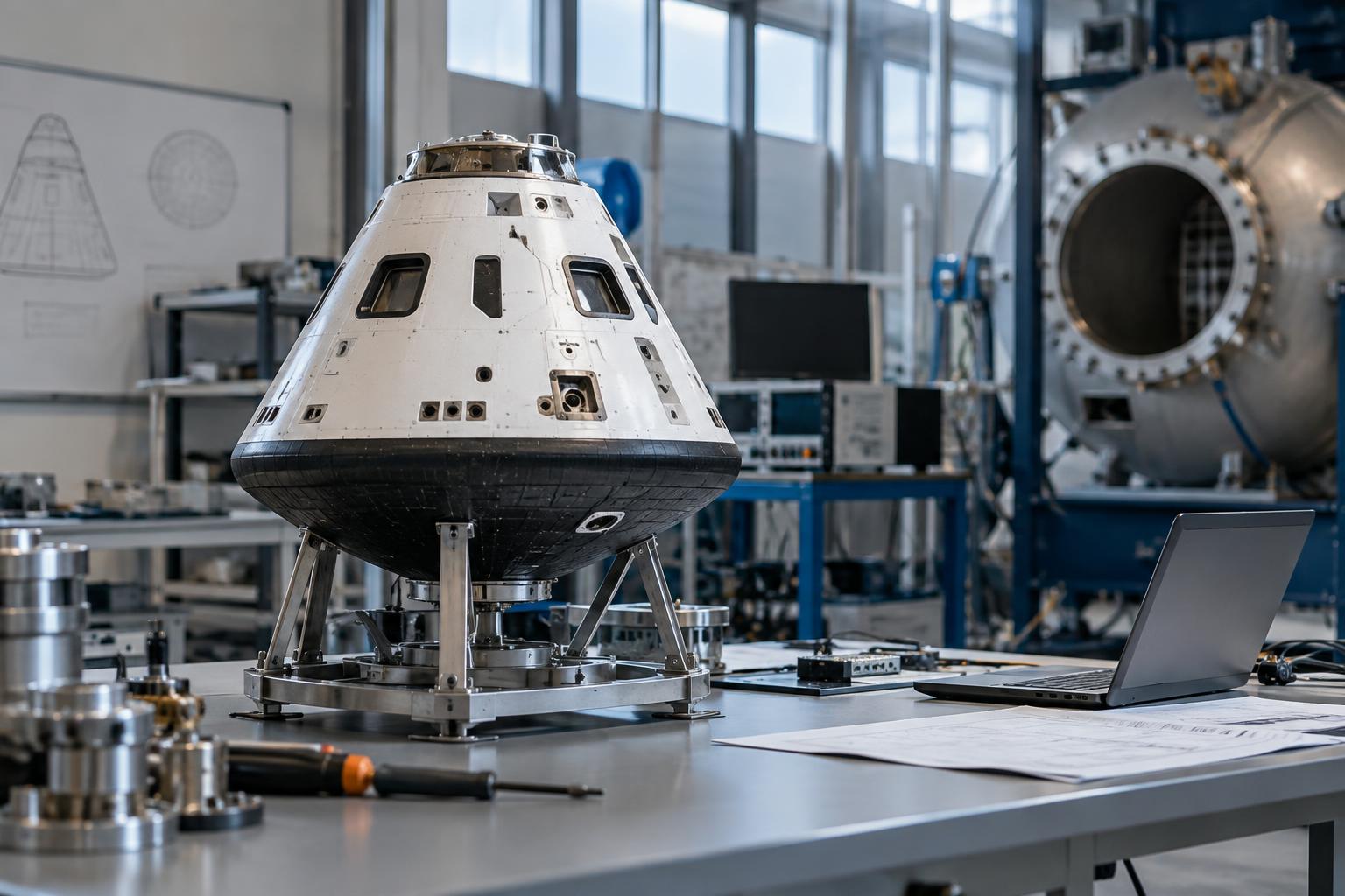 Interior de un laboratorio de ingeniería aeroespacial, con una maqueta de cápsula espacial, instrumental de pruebas y un ordenador sobre una mesa de trabajo, sin personas ni logotipos visibles.