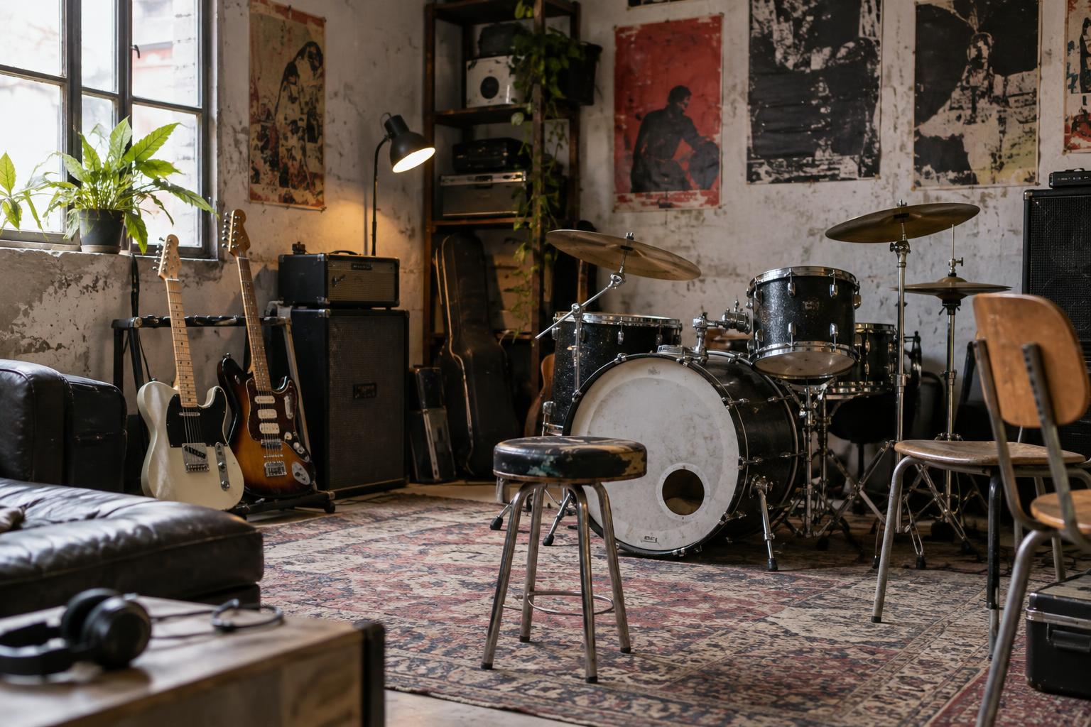 Interior de un modesto local de ensayo madrileño, con guitarras apoyadas en soportes, una batería usada, sillas desparejadas y carteles envejecidos de conciertos en las paredes, sin personas.